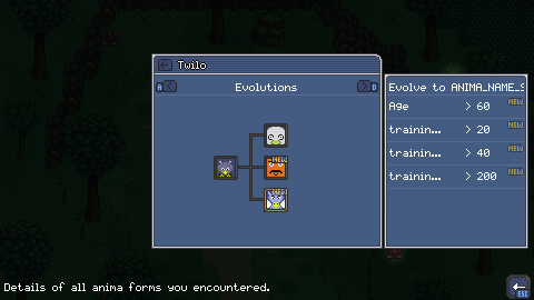 Screenshot that shows the anima evolution tree with discovered animas and black silhouettes of undiscovered animas.